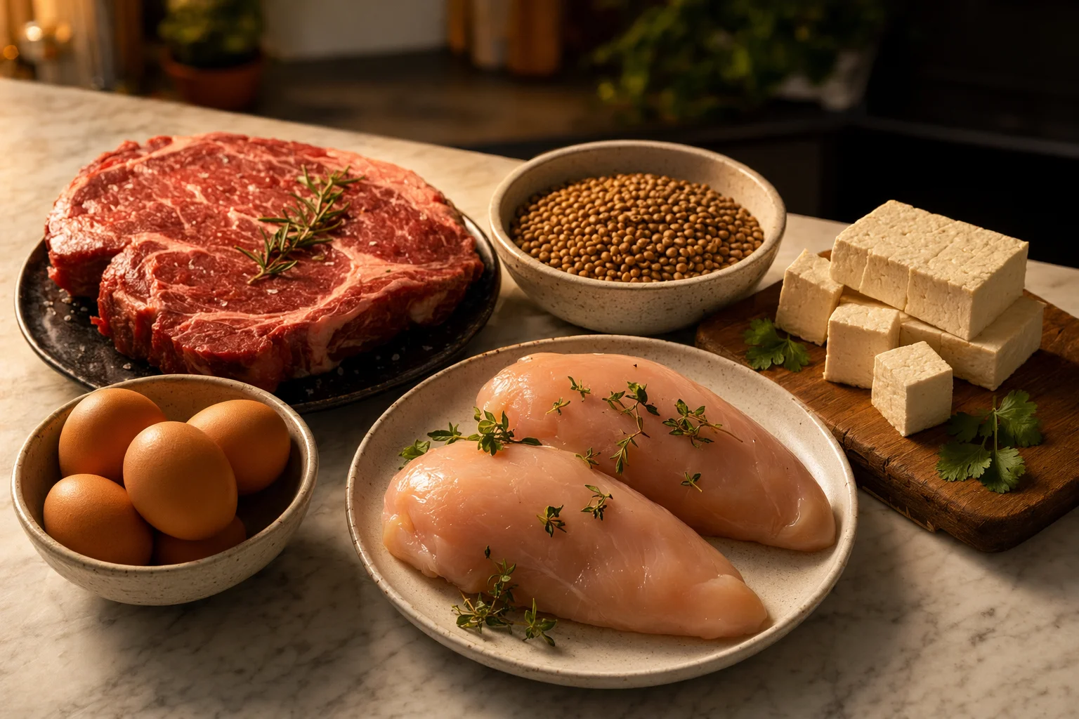 Assortment of protein-rich foods including eggs, meat, beans, and quinoa on a wooden table