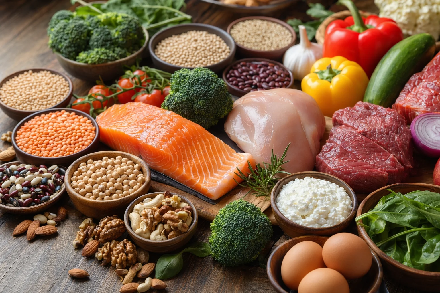 Colorful variety of protein source foods arranged on a kitchen counter with natural lighting