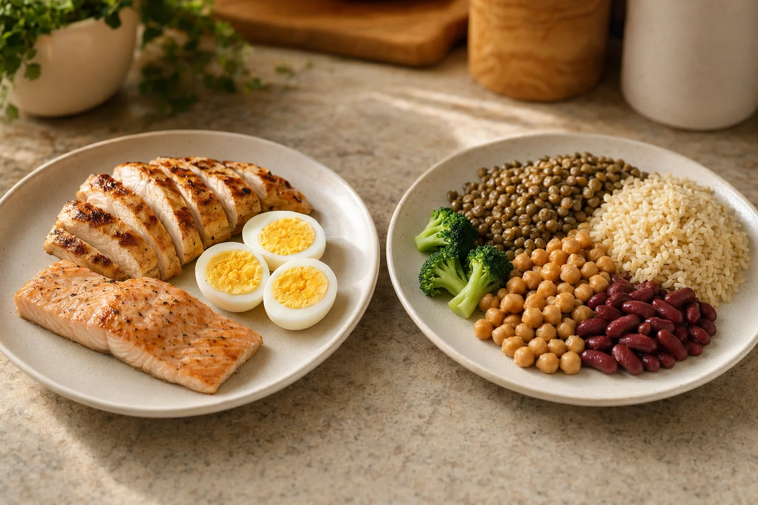 Side by side comparison of animal and plant protein sources on separate plates