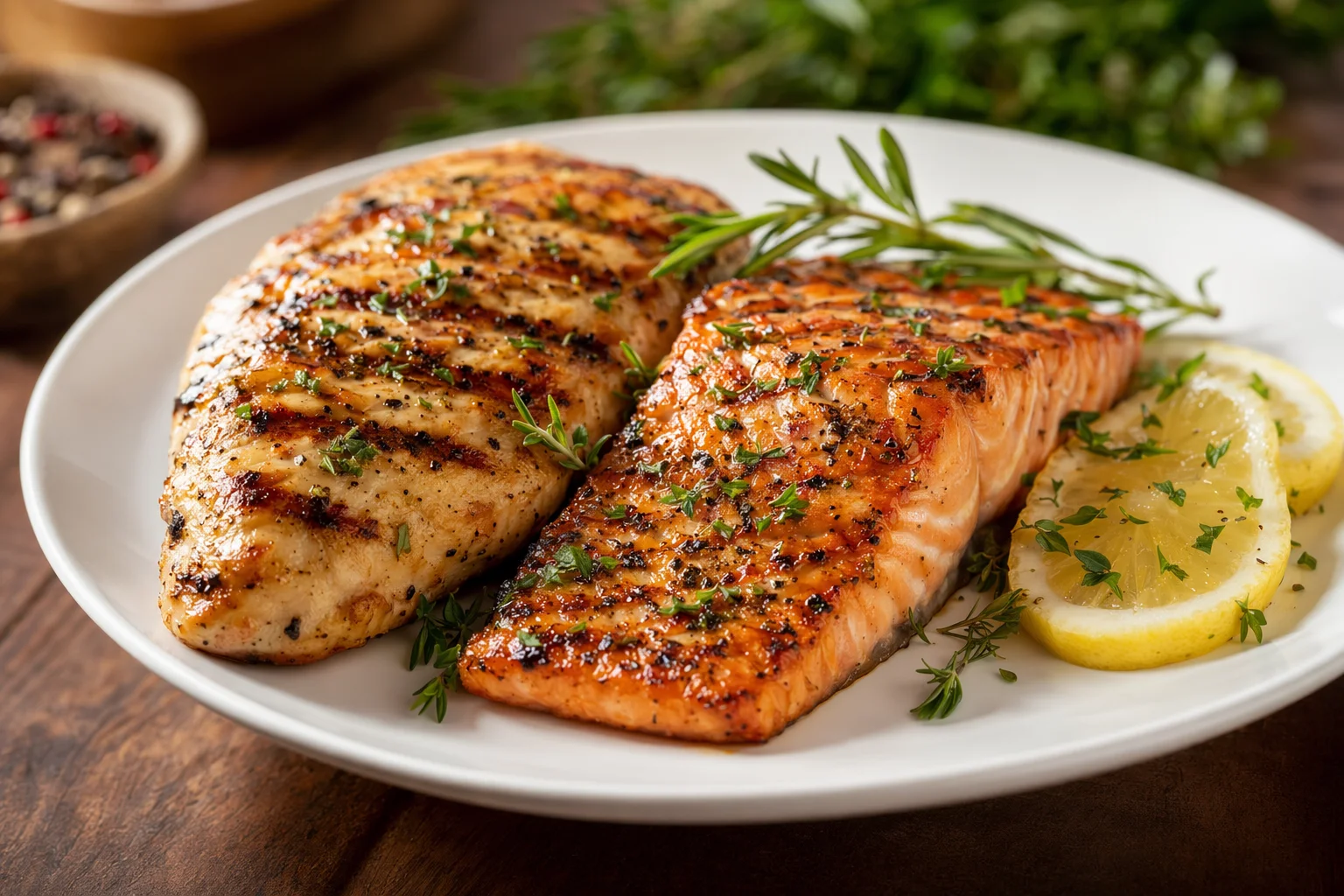 Grilled chicken breast and salmon fillet on a plate with fresh herbs