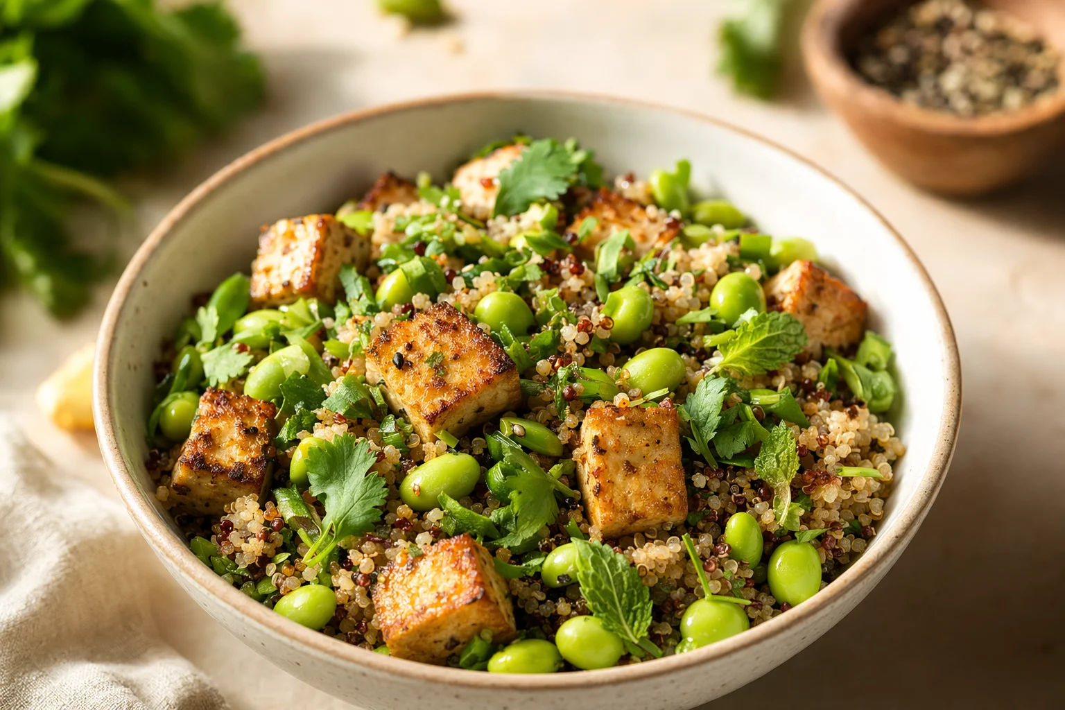 Bowl of quinoa, tofu, and edamame arranged as a plant-based protein meal