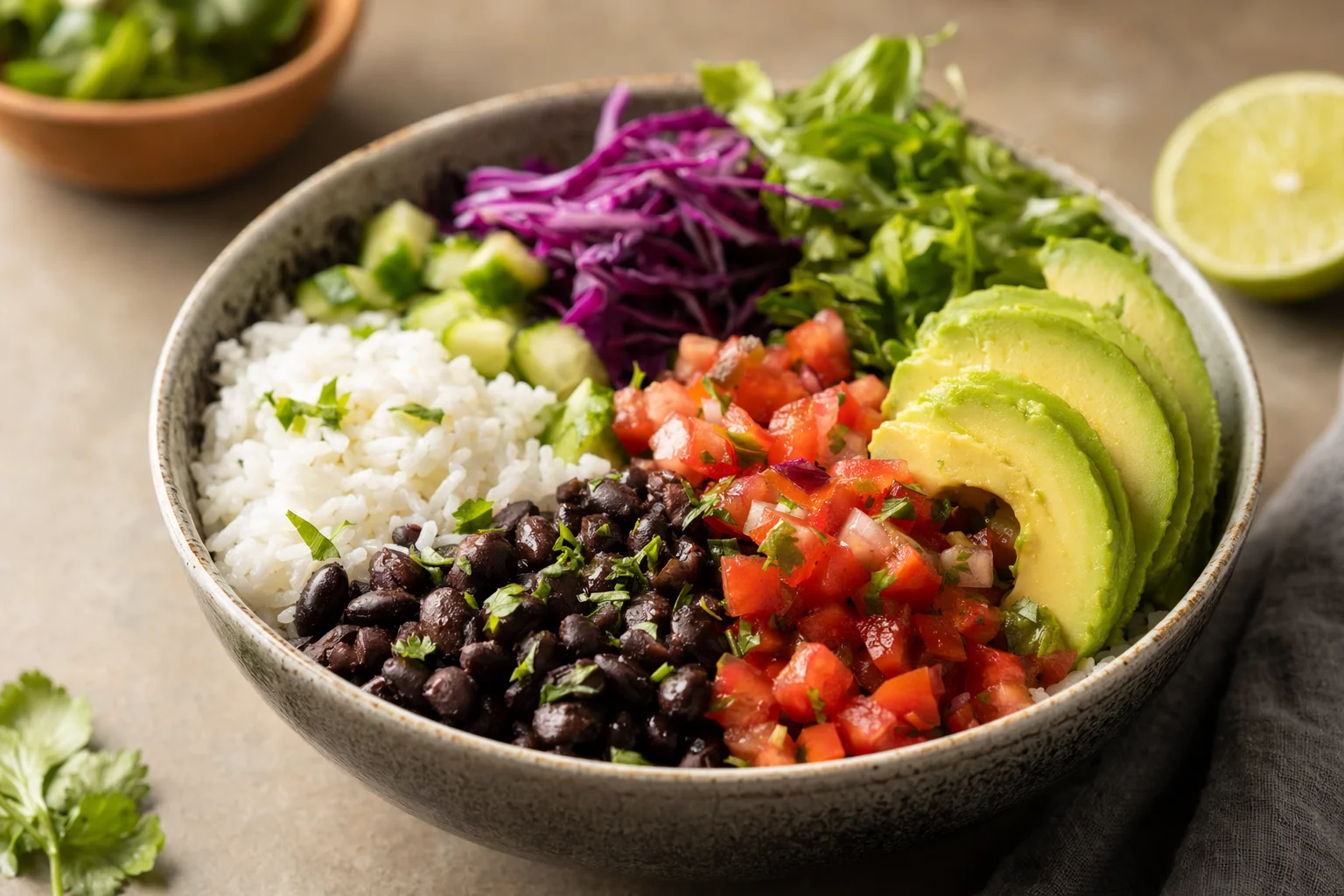 Rice and beans bowl with vegetables in a ceramic bowl on a rustic table
