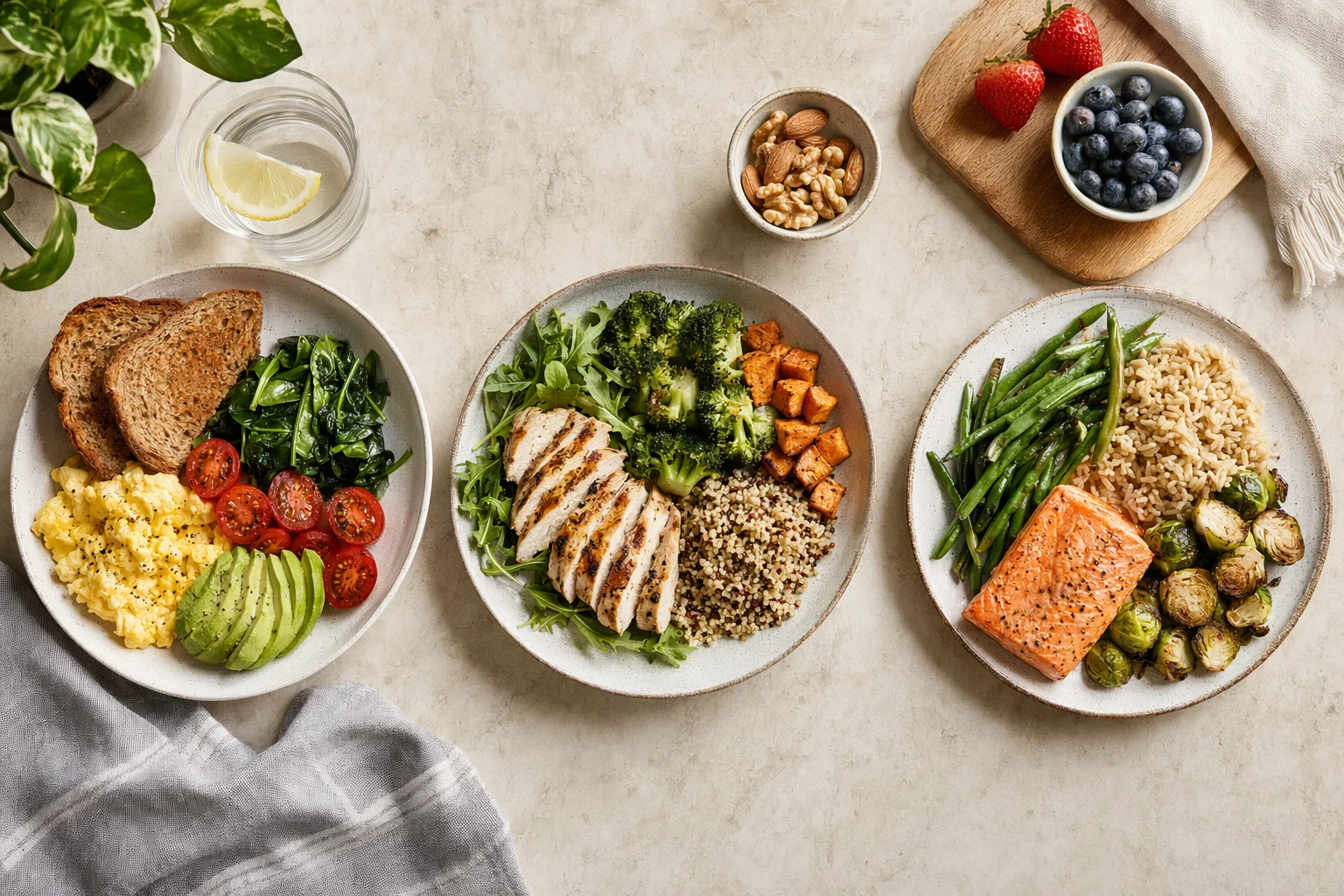 Varied protein-rich meals laid out for a full day of eating on a kitchen counter