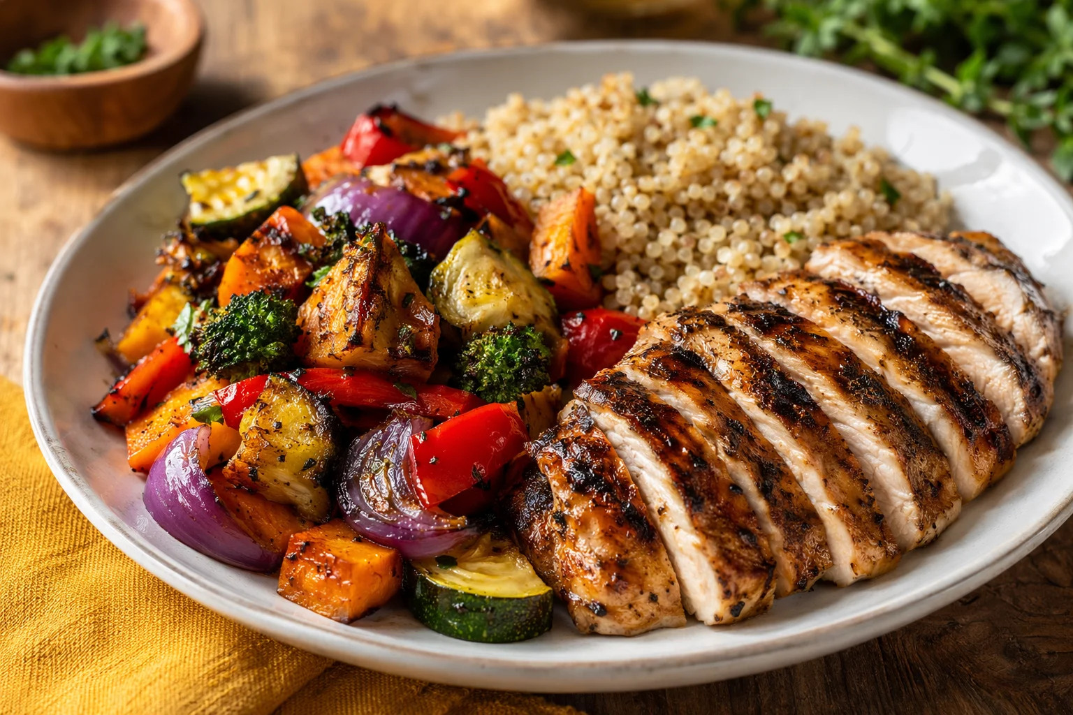 Balanced meal plate with protein portion, vegetables, and whole grains
