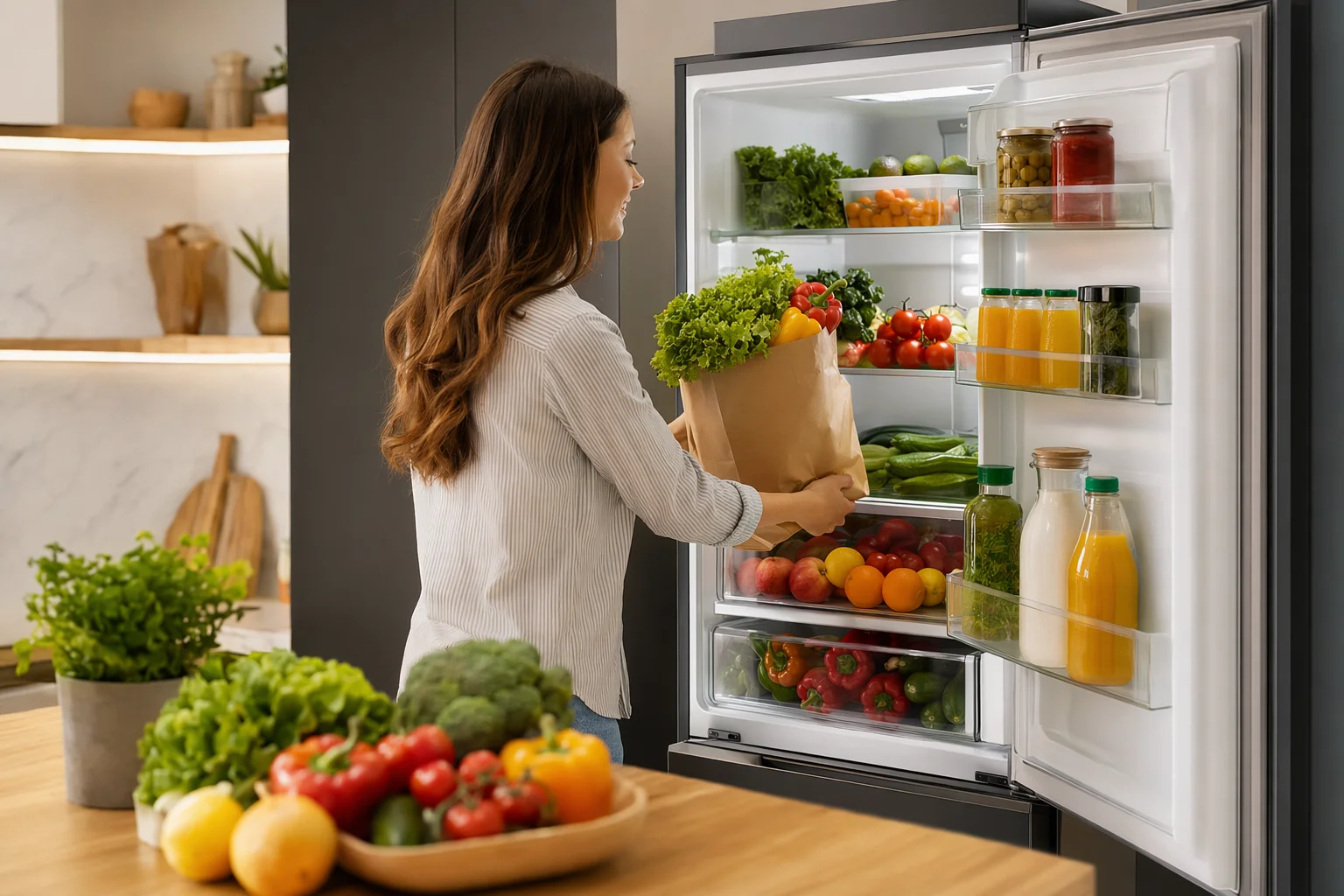 Open refrigerator stocked with various fresh foods organized on shelves