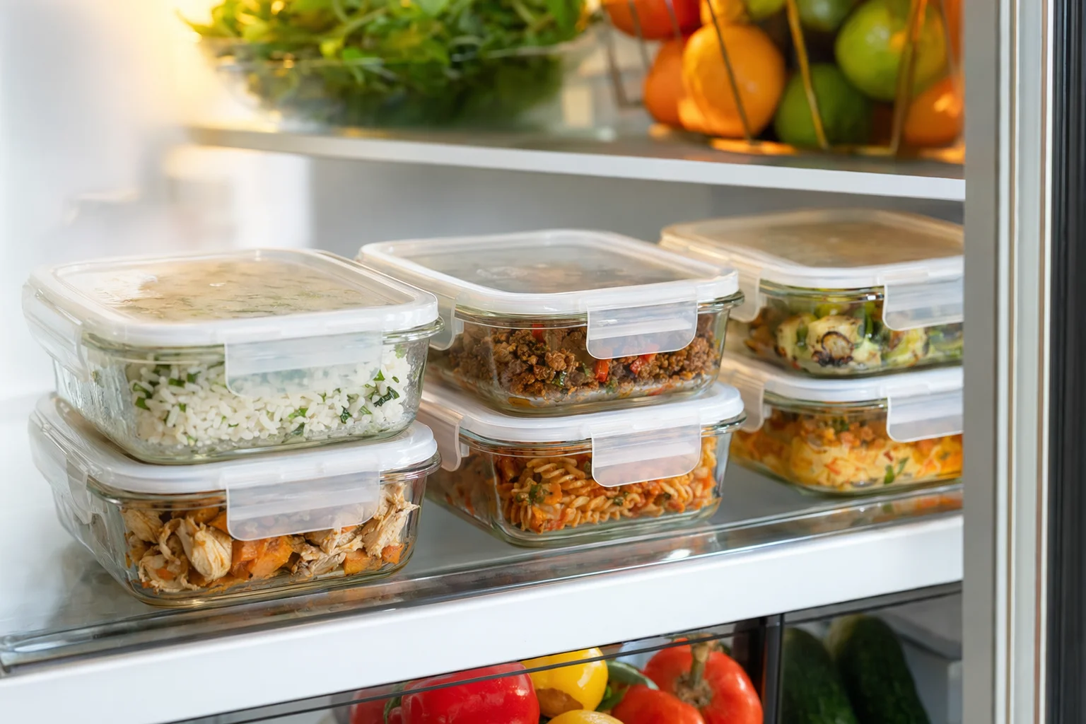 Leftover food in clear glass containers with lids stored in refrigerator