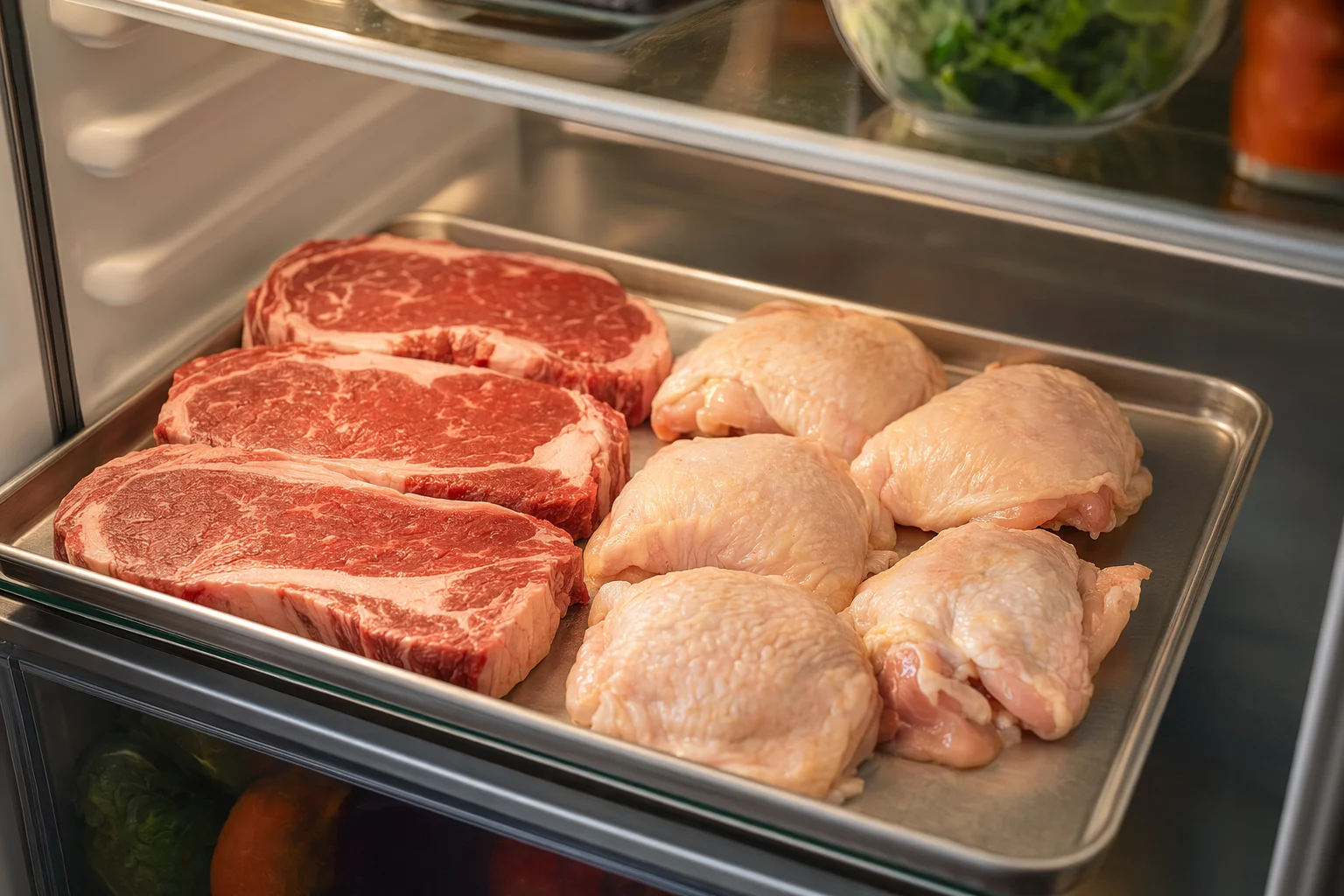 Raw steaks and chicken pieces on a tray on the bottom shelf of a refrigerator
