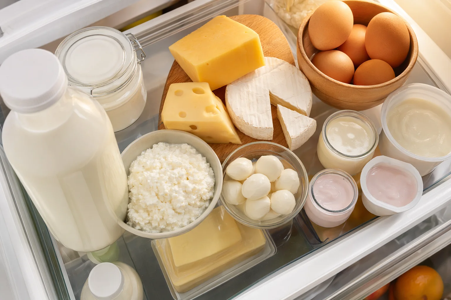 Dairy products including milk, cheese, and eggs arranged on a refrigerator shelf
