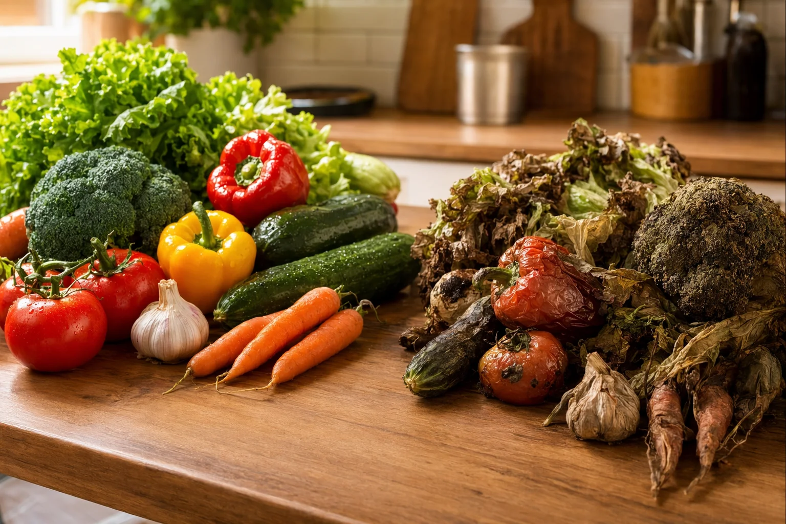 Close-up of fresh versus spoiled produce comparison on a kitchen counter