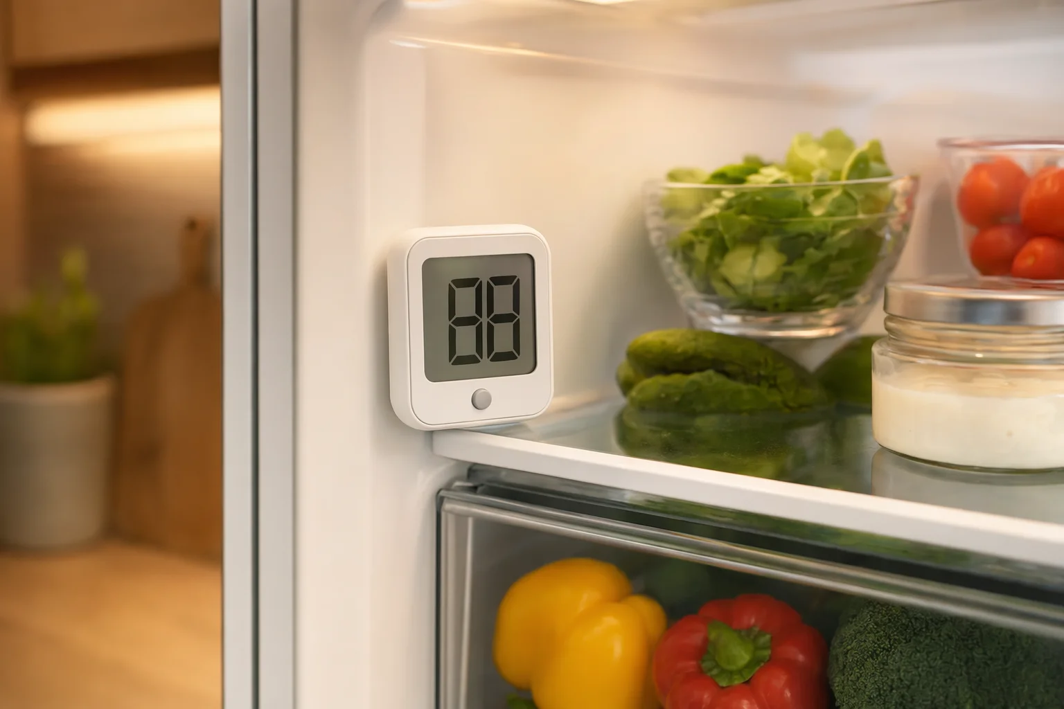 Appliance thermometer displaying 38 degrees Fahrenheit inside a refrigerator