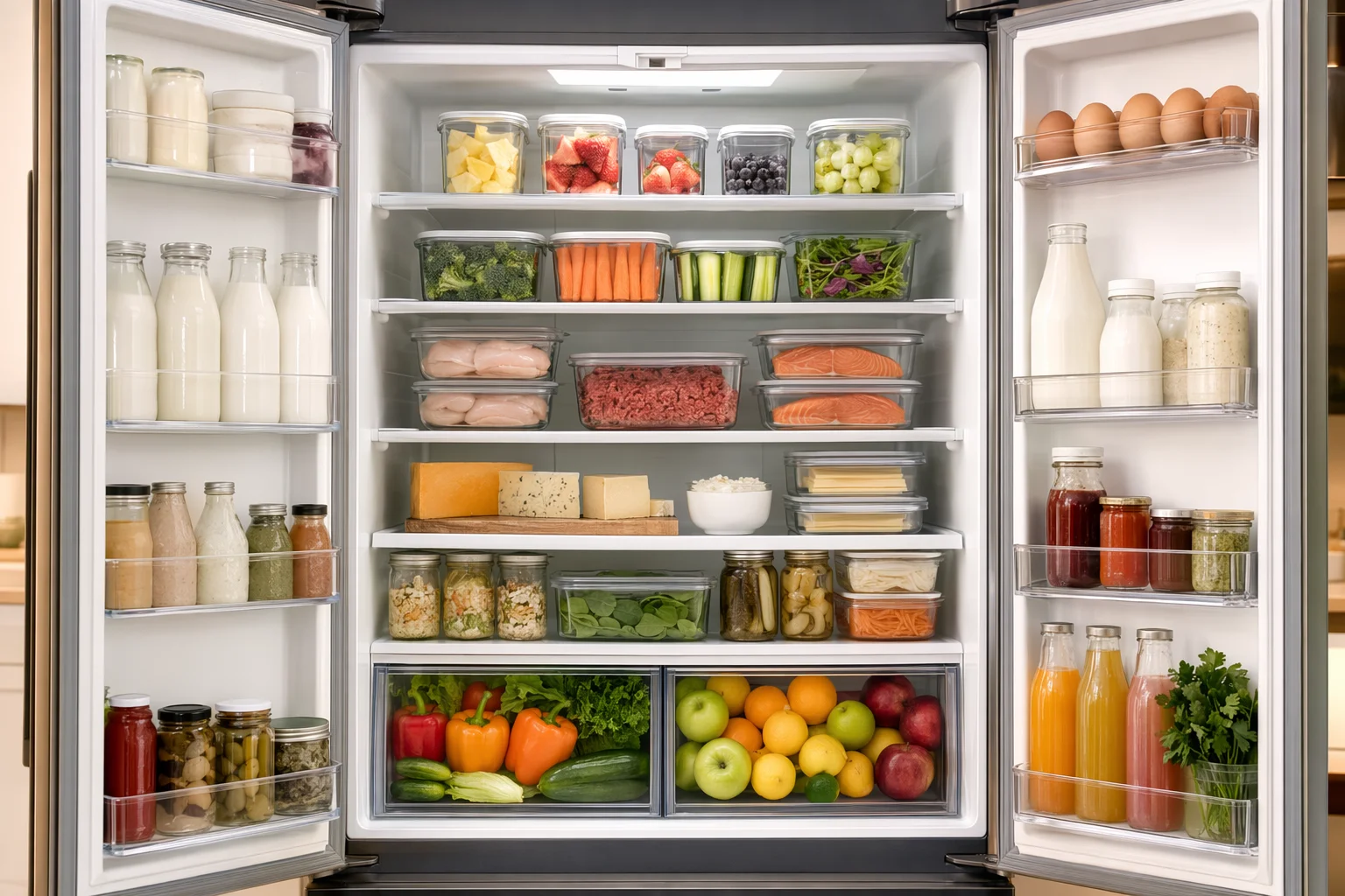 Well-organized refrigerator with food sorted by category on each shelf