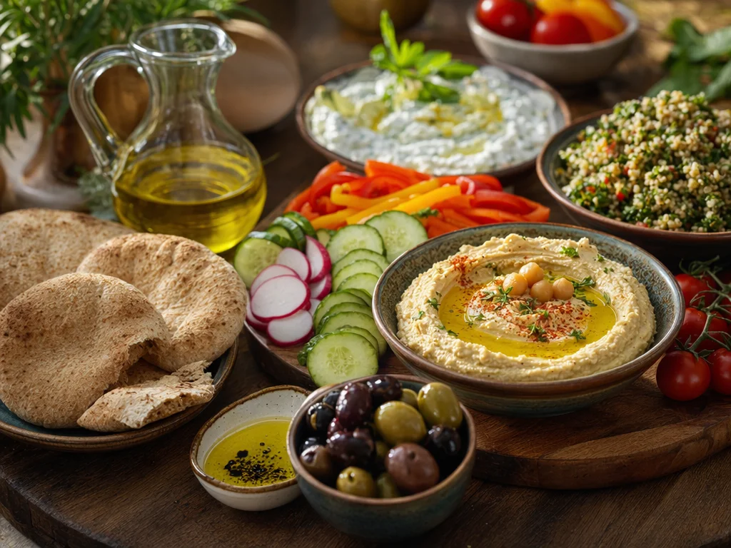 Mediterranean-style spread with olive oil, fresh vegetables, hummus, and whole grain bread on a wooden table