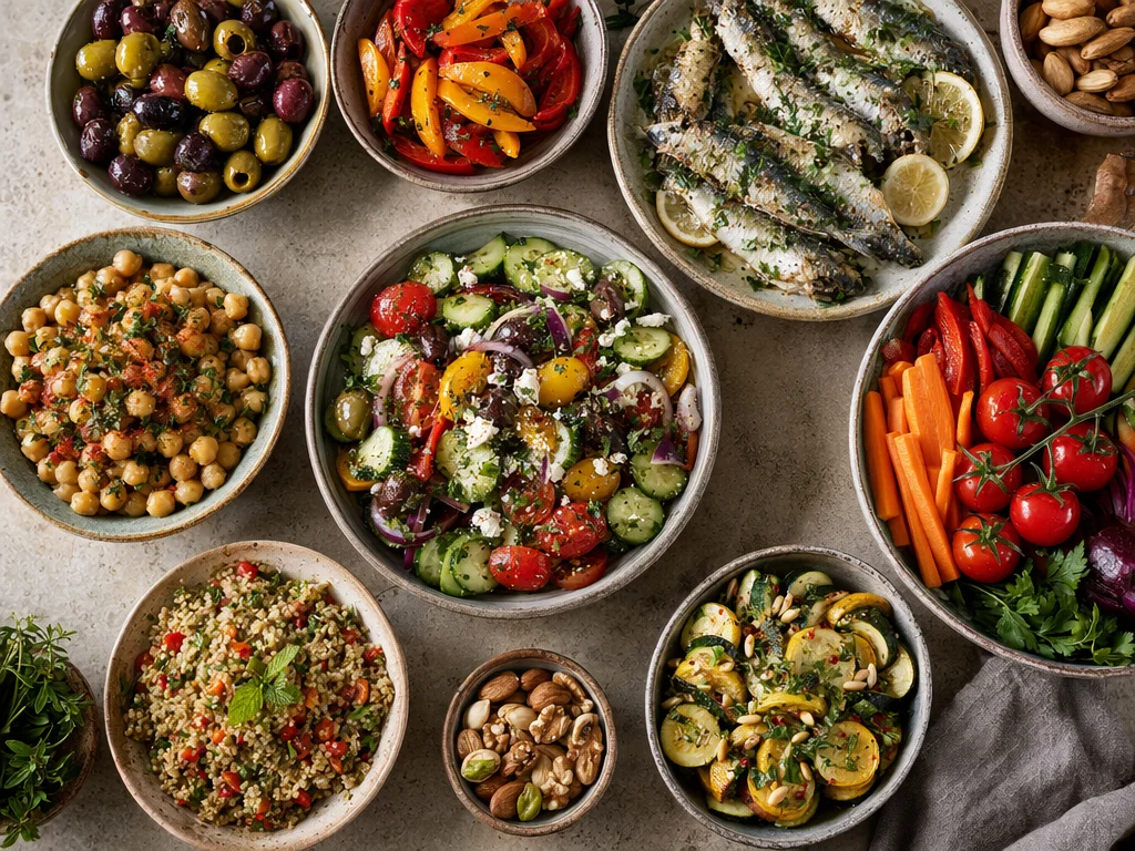 Assortment of Mediterranean diet foods arranged in bowls including olives, vegetables, grains, and fish