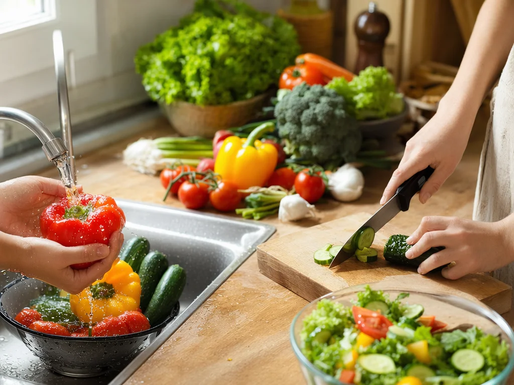 Healthy elderly hands preparing fresh vegetables in a bright kitchen, no faces visible