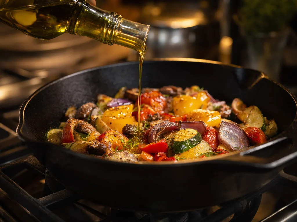 Olive oil being poured into a pan with fresh vegetables on a stovetop
