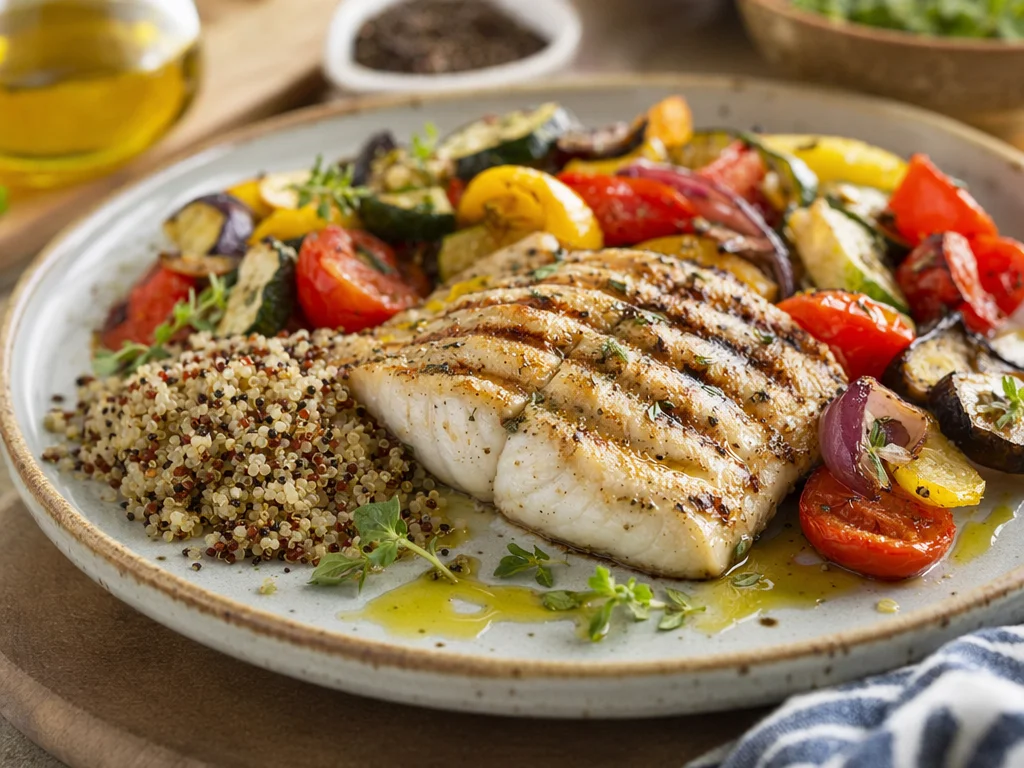 Beautiful Mediterranean-style meal plate with grilled fish, roasted vegetables, and olive oil drizzle