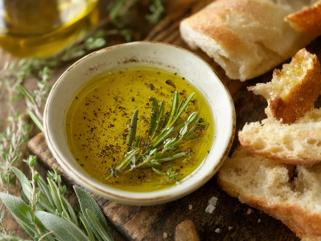 Extra virgin olive oil in a small bowl with fresh bread and herbs on a rustic table