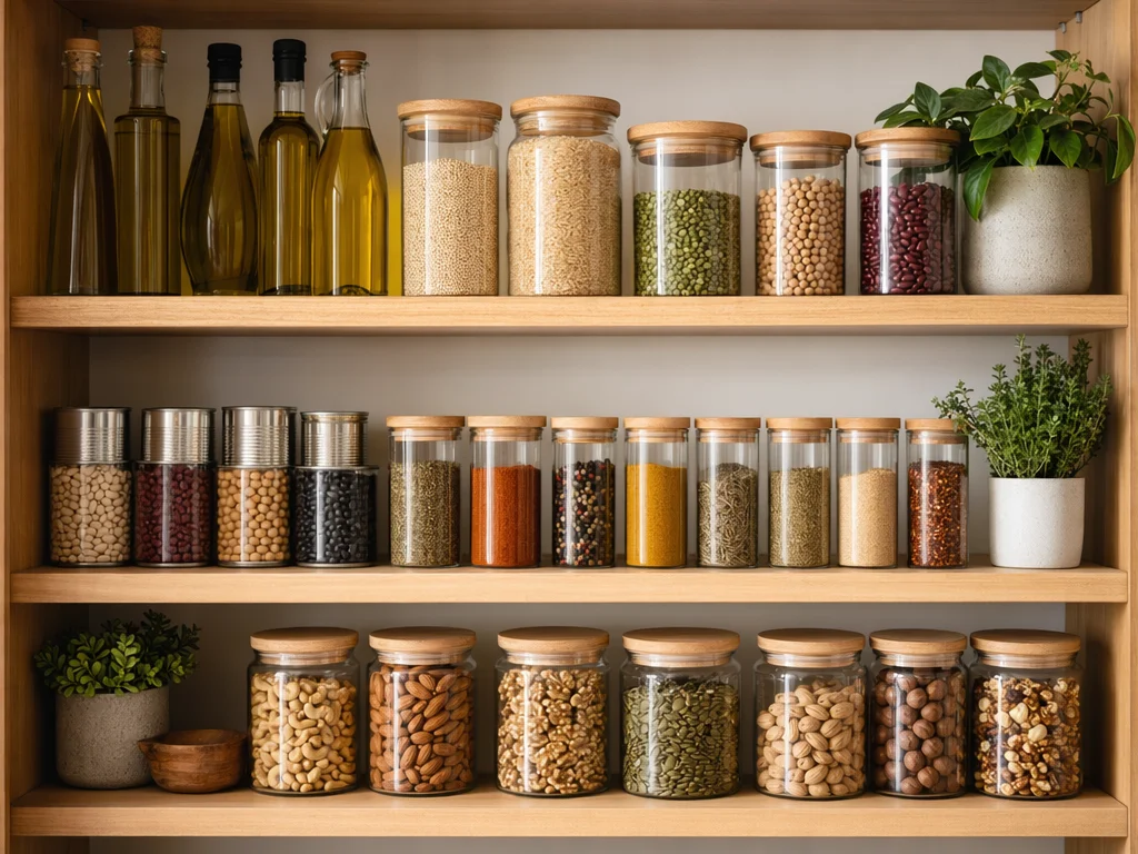 Well-stocked pantry shelf with olive oil, grains, canned beans, and spices arranged neatly