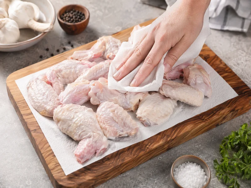 Raw chicken wings patted dry on paper towels on a cutting board