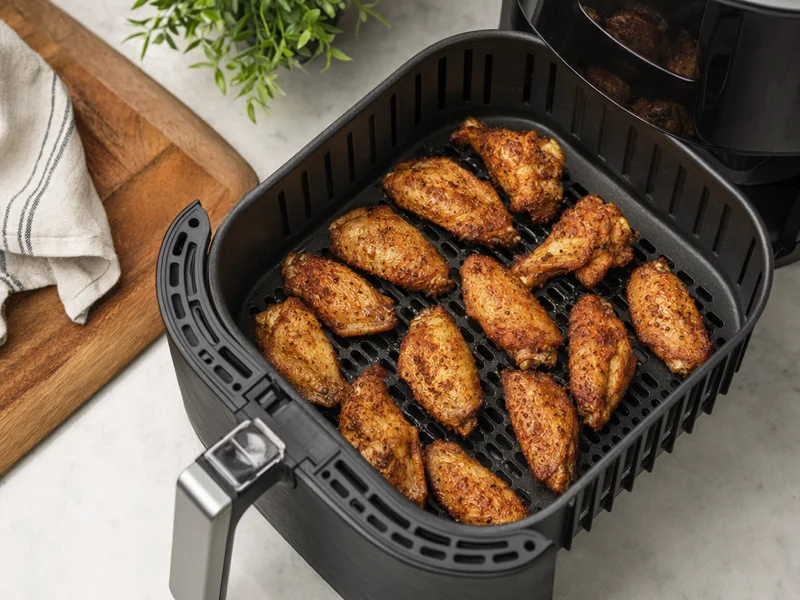Chicken wings arranged in air fryer basket with space between them