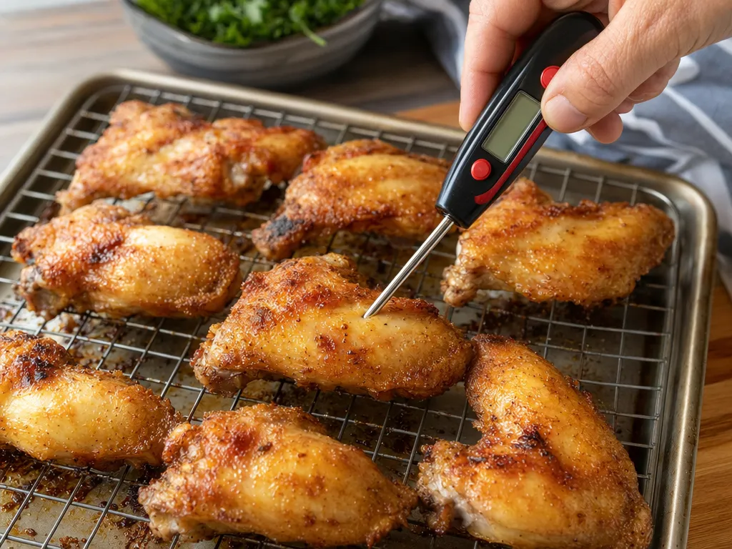Meat thermometer reading 165°F in cooked chicken wing