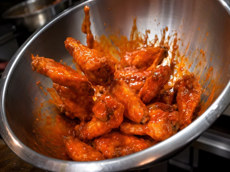 Crispy chicken wings being tossed in buffalo sauce in a mixing bowl