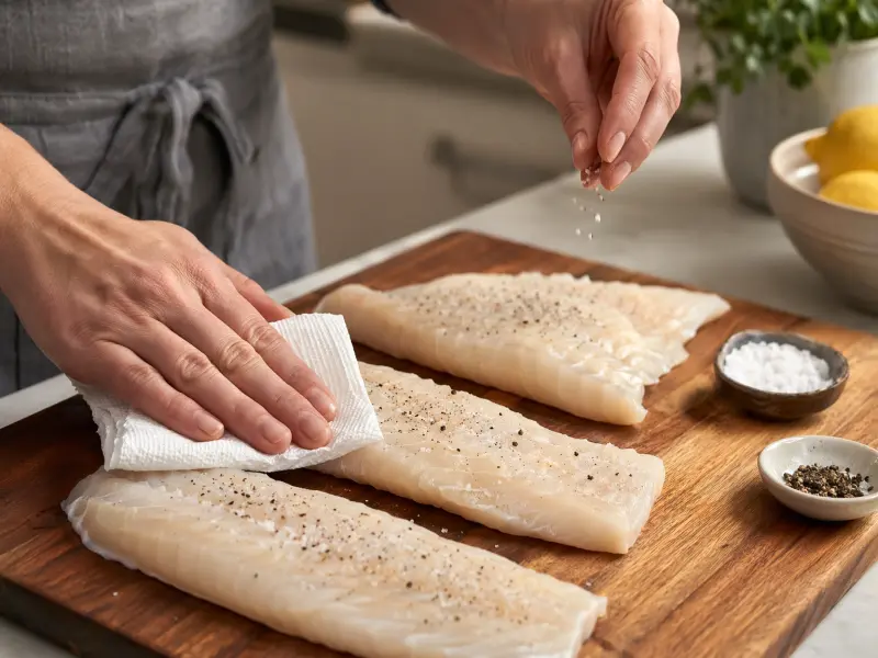 Patting dry raw cod fillets on a cutting board and seasoning with salt and pepper