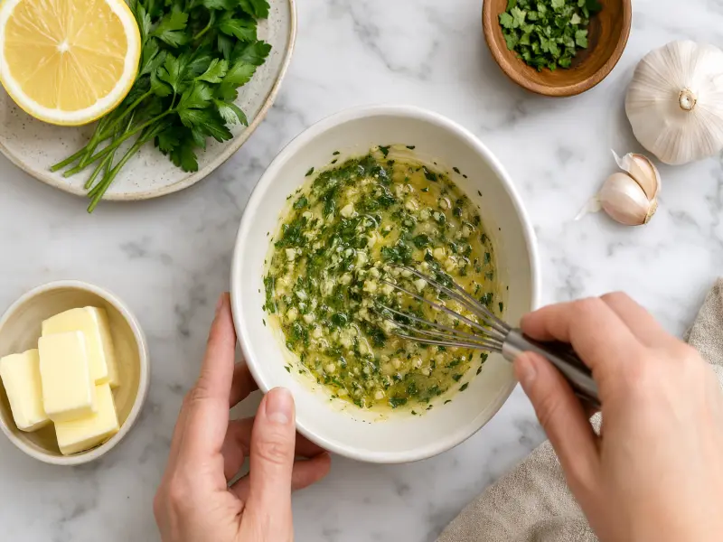 Mixing lemon butter garlic sauce ingredients in a small bowl with fresh parsley