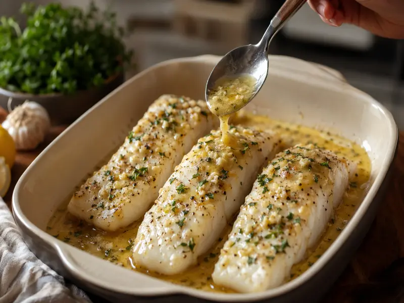 Cod fillets in a baking dish being spooned with lemon butter garlic sauce