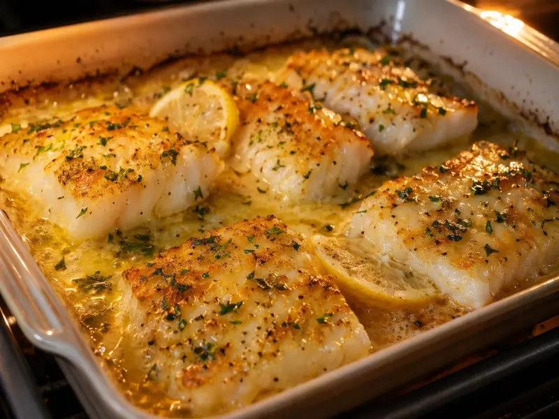 Golden baked cod fillets with lemon butter sauce bubbling in the oven dish