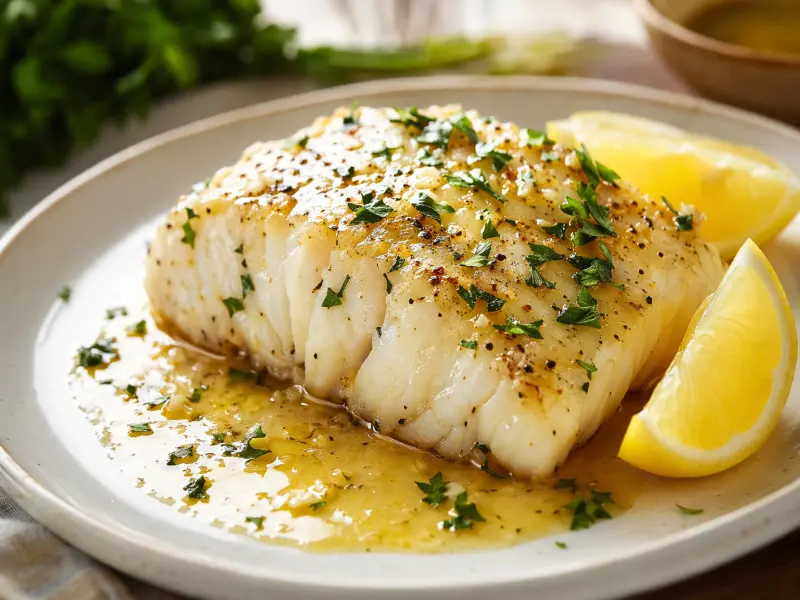 Plated baked cod with lemon butter sauce, fresh parsley garnish and lemon wedges