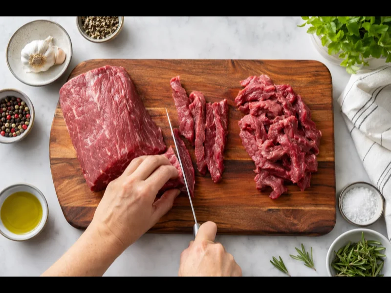 Slicing top sirloin beef against the grain on a wooden cutting board