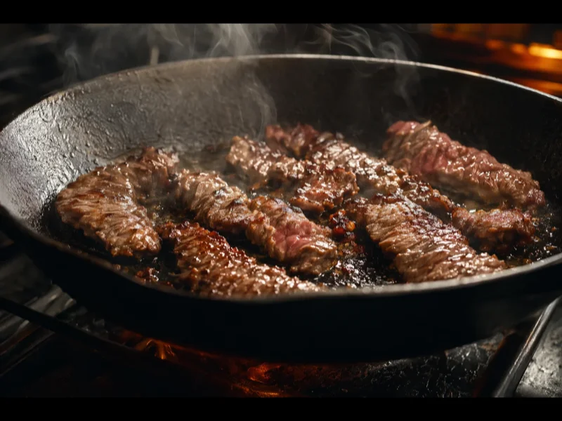 Searing sliced beef strips in a hot cast iron skillet until browned