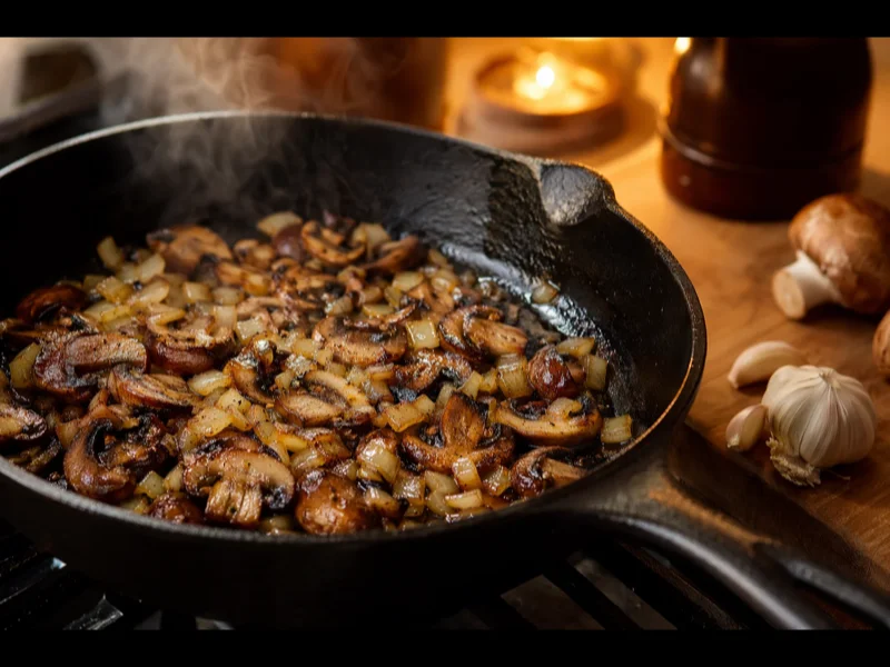 Sautéing sliced mushrooms and diced onion in cast iron skillet until golden
