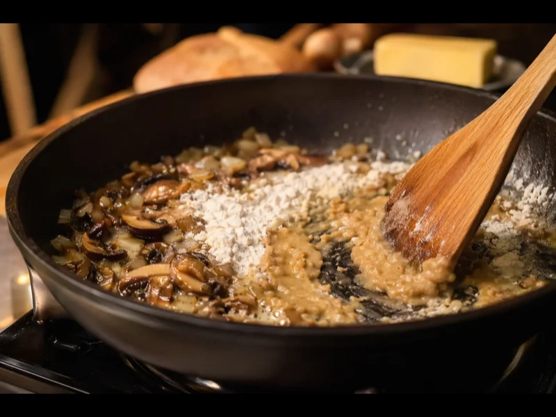 Making a butter and flour roux with mushrooms and onions in the skillet