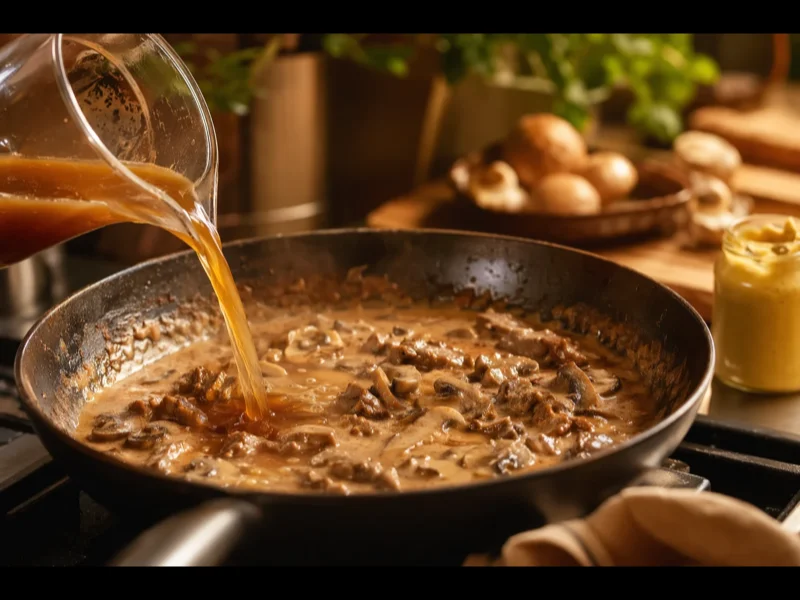 Deglazing skillet with beef broth and adding mustard and Worcestershire sauce