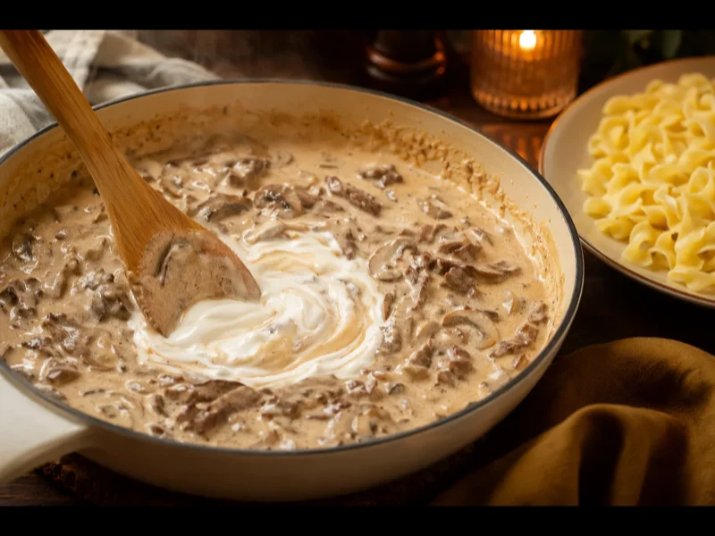 Finished beef stroganoff with creamy sour cream sauce served over egg noodles with parsley