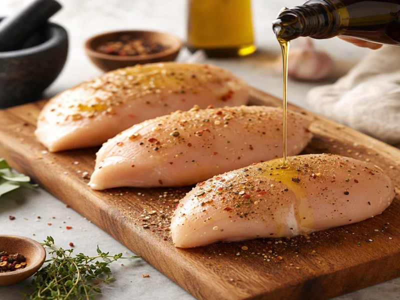 Seasoning raw chicken breasts with spices and olive oil on cutting board