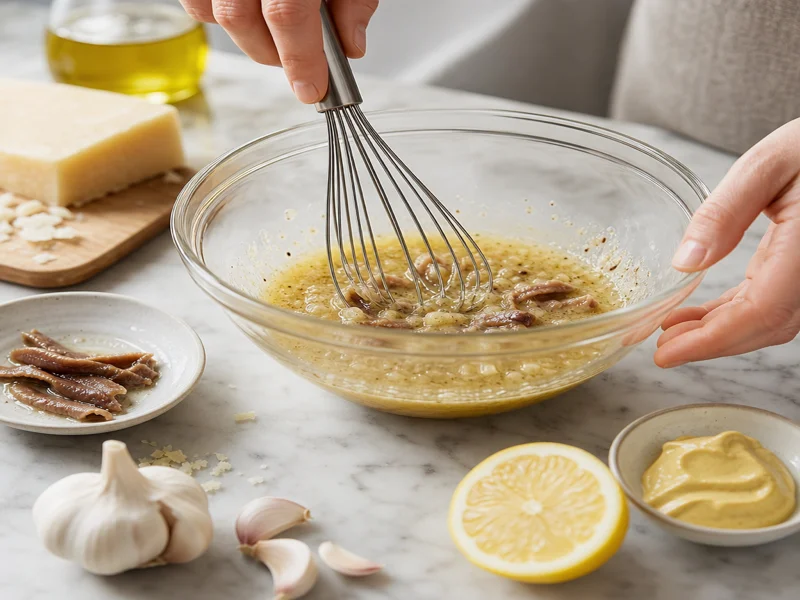 Whisking anchovy garlic lemon juice and mustard for caesar dressing in bowl