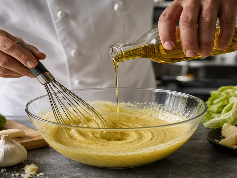 Drizzling olive oil into caesar dressing while whisking to emulsify