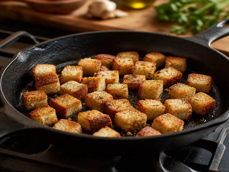 Toasting bread cubes in skillet with olive oil until golden brown
