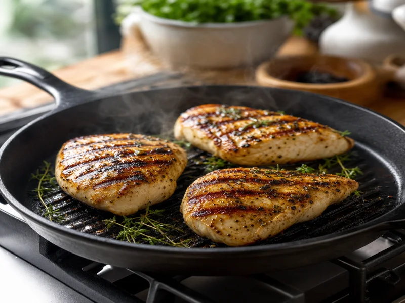 Grilling chicken breasts in cast iron skillet until golden with grill marks