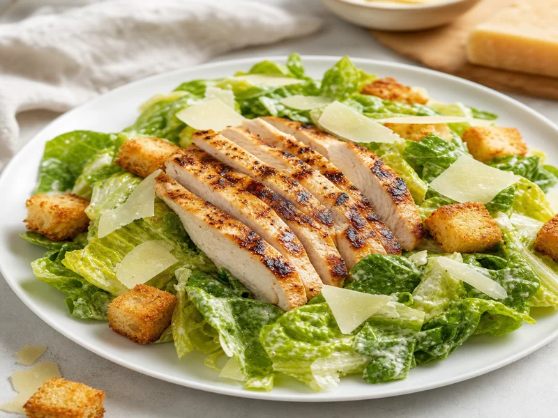 Finished chicken caesar salad with grilled chicken croutons and parmesan on romaine