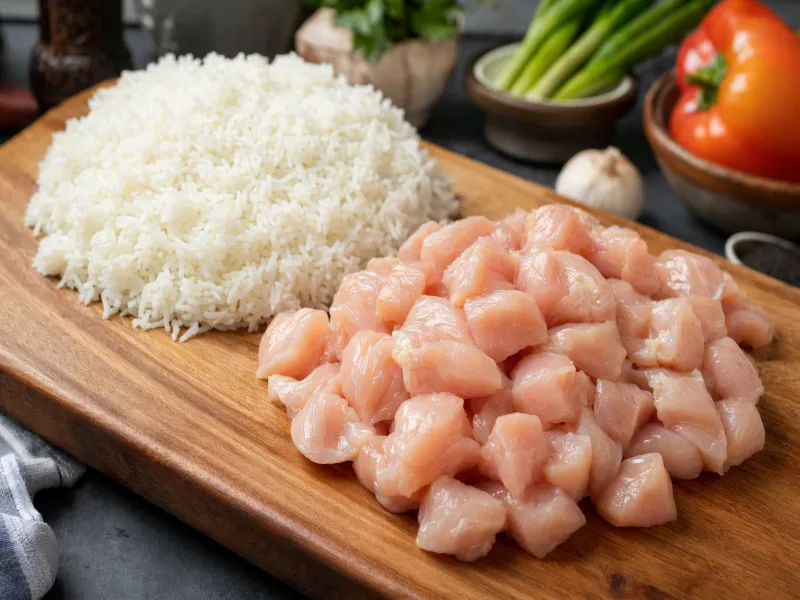 Diced raw chicken breast and chilled day-old jasmine rice on a cutting board