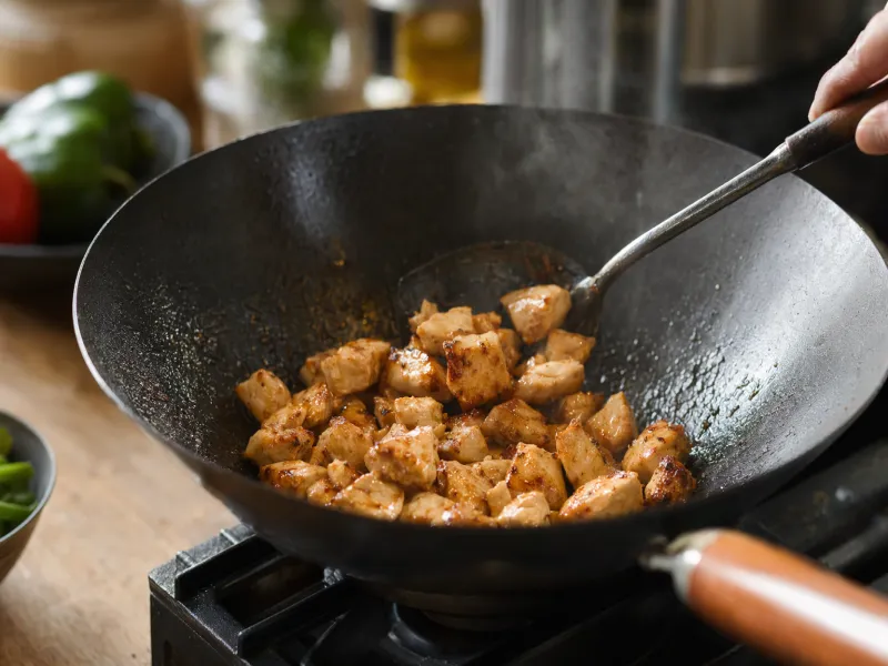 Stir-frying diced chicken in a wok over high heat until golden brown