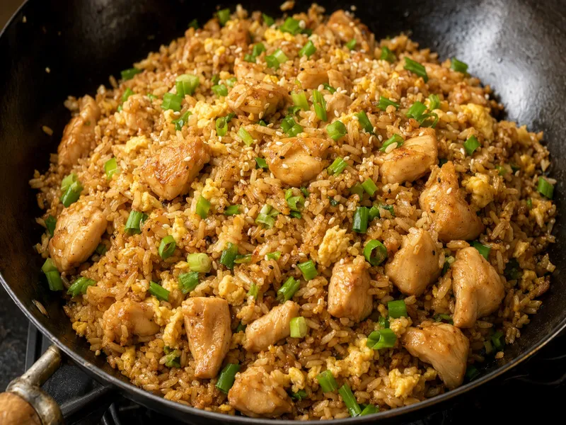 Finished chicken fried rice with soy sauce glaze, green onions and sesame in a wok