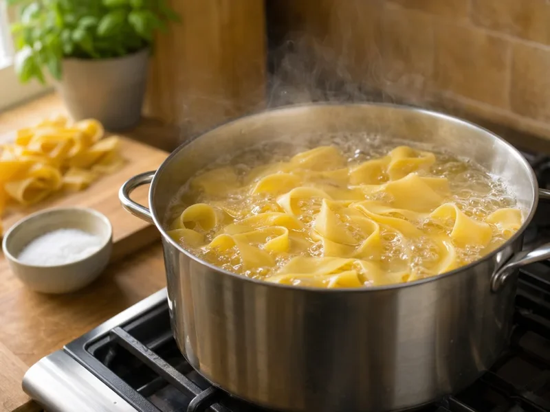 Cooking pappardelle pasta in a large pot of boiling salted water