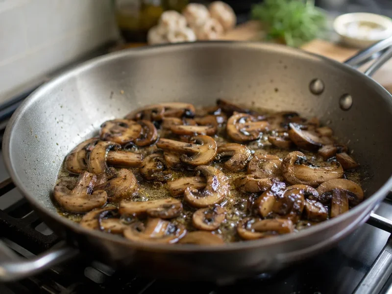 Sautéing sliced cremini mushrooms in butter and olive oil in a large skillet until golden