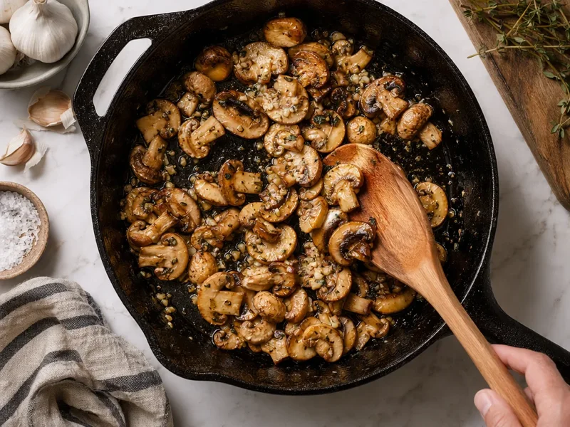 Golden brown mushrooms with minced garlic being stirred in the skillet