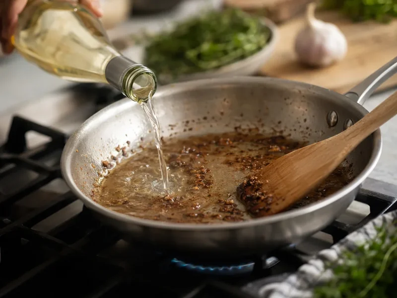Deglazing the skillet with white wine and scraping up browned bits